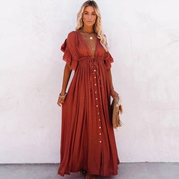 SOLD OUT Red Gauze Boho Button Maxi Coverup Dress - Picture 3 of 10